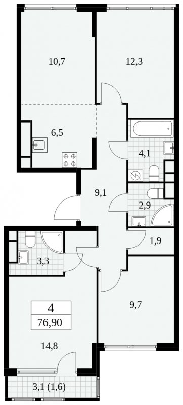 4-комнатная квартира (евро) без отделки, 76.9 м2, 23 этаж, сдача 2 квартал 2025 г., ЖК Южные сады, корпус 2.4 - объявление 1760507 - фото №1