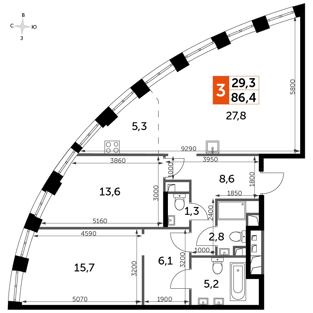 2-комнатная квартира без отделки, 86.4 м2, 37 этаж, сдача 3 квартал 2024 г., ЖК Sydney City, корпус 2.2 - объявление 2323059 - фото №1
