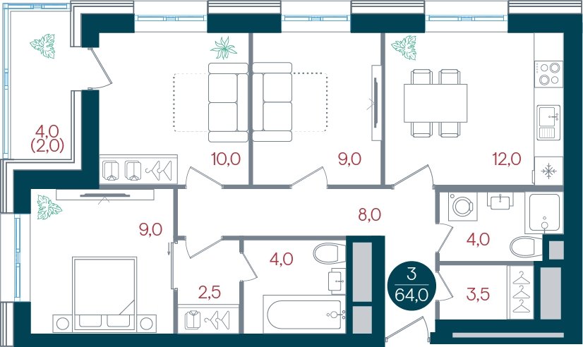 3-комнатная квартира без отделки, 64 м2, 2 этаж, дом сдан, ЖК РУСИЧ Новые Котельники, корпус 1 - объявление 2433516 - фото №1