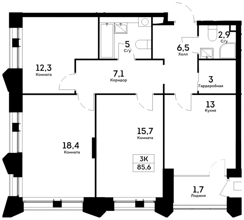 3-комнатная квартира 85.6 м2, 8 этаж, сдача 4 квартал 2022 г., ЖК Квартал на набережной NOW, корпус 1.3 - объявление 1658083 - фото №1