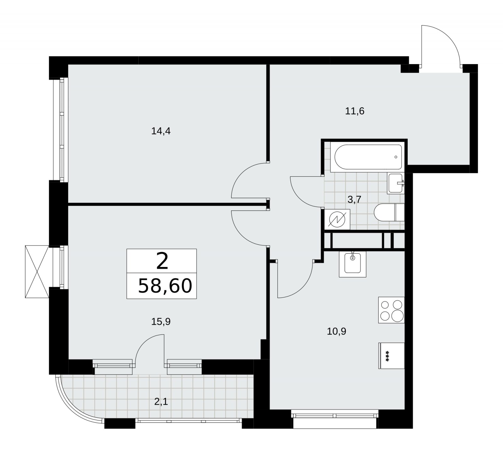 2-комнатная квартира с частичной отделкой, 58.6 м2, 17 этаж, сдача 4 квартал 2025 г., ЖК Скандинавия, корпус 28.3 - объявление 2202575 - фото №1