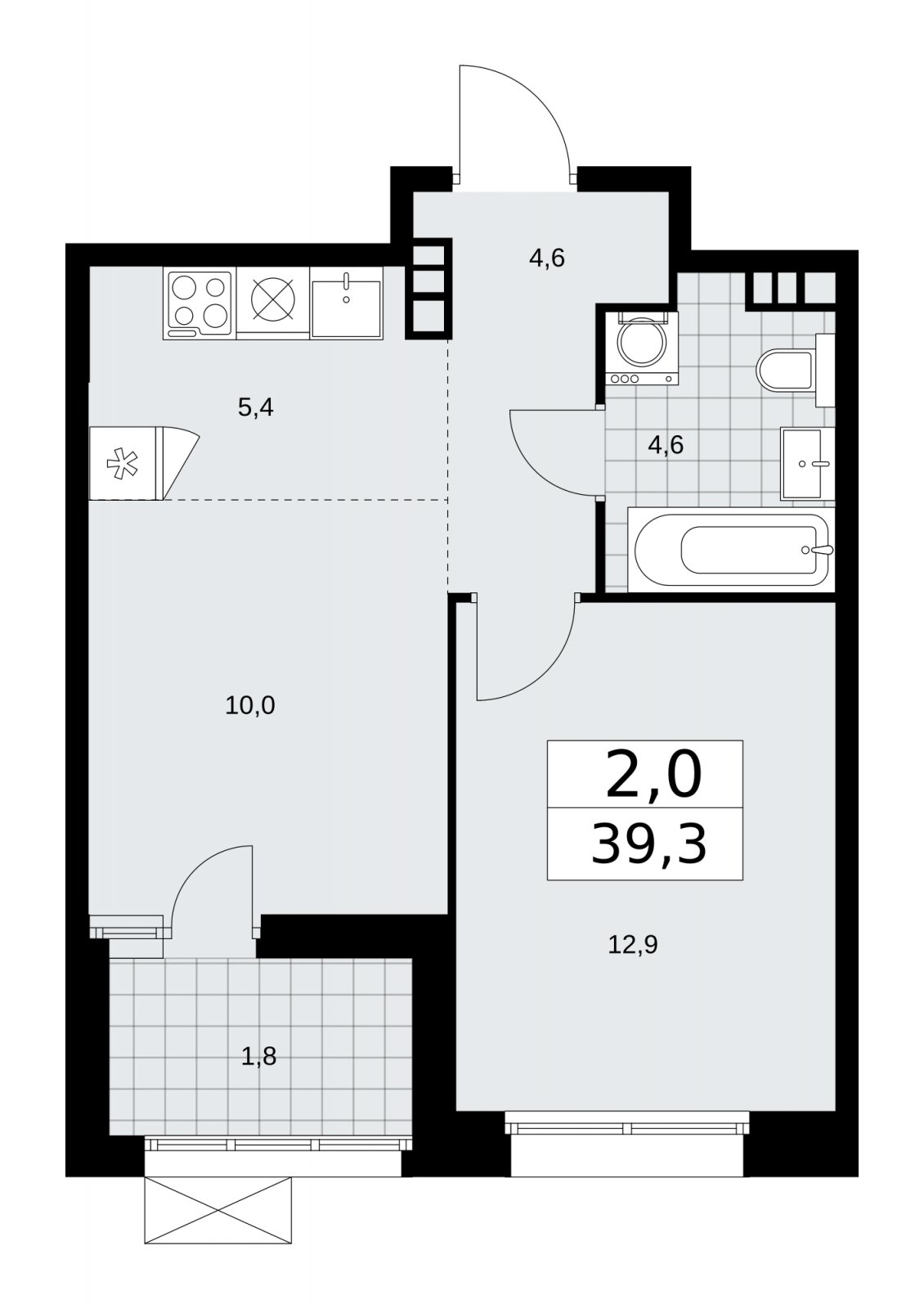 2-комнатная квартира (евро) без отделки, 39.3 м2, 5 этаж, сдача 4 квартал 2025 г., ЖК Бунинские кварталы, корпус 6.5 - объявление 2252767 - фото №1