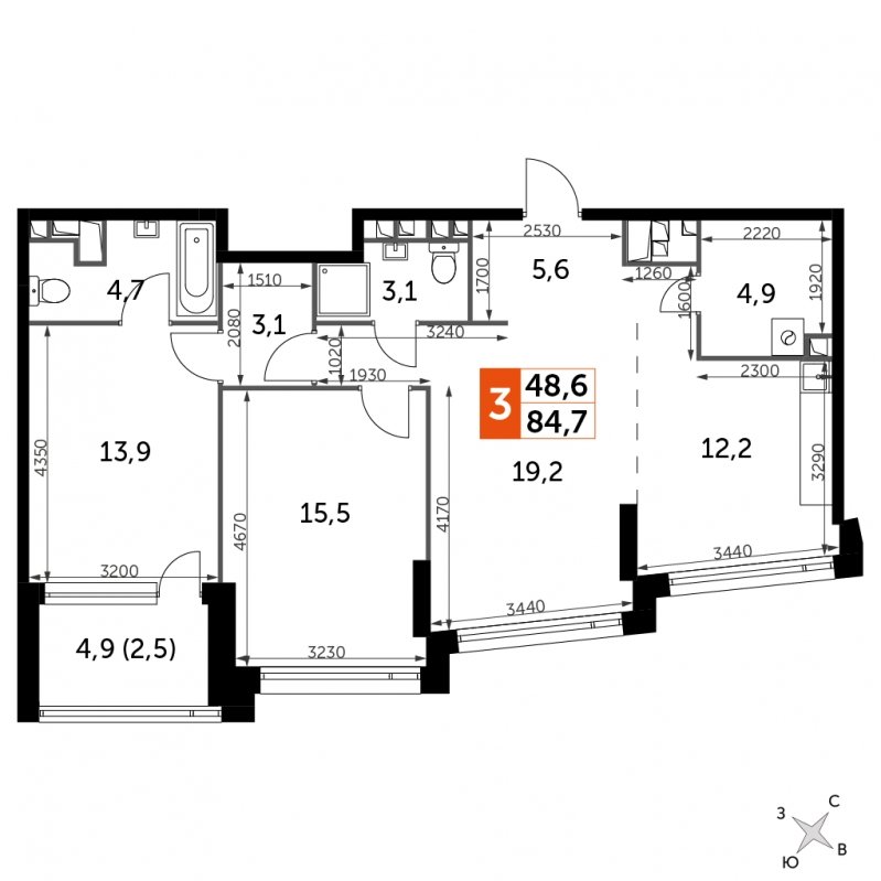 3-комнатная квартира с частичной отделкой, 84.7 м2, 23 этаж, сдача 4 квартал 2024 г., ЖК ROTTERDAM, корпус 2.1 - объявление 1667679 - фото №1