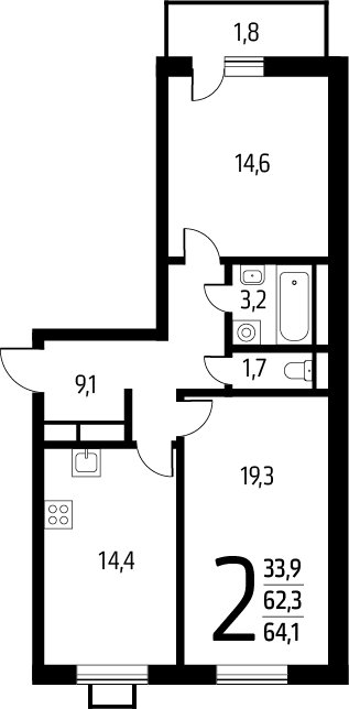 2-комнатная квартира с полной отделкой, 64.1 м2, 2 этаж, сдача 1 квартал 2025 г., ЖК Новые Ватутинки. Заречный, корпус 5/3 - объявление 2271760 - фото №1