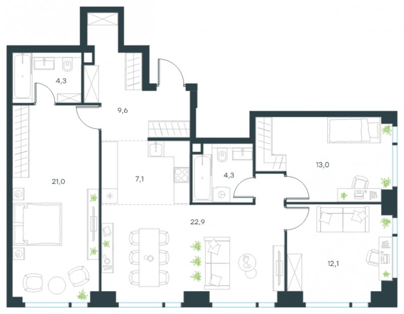 4-комнатная квартира (евро) с частичной отделкой, 94.3 м2, 4 этаж, сдача 4 квартал 2024 г., ЖК Level Мичуринский, корпус 5 - объявление 1635387 - фото №1