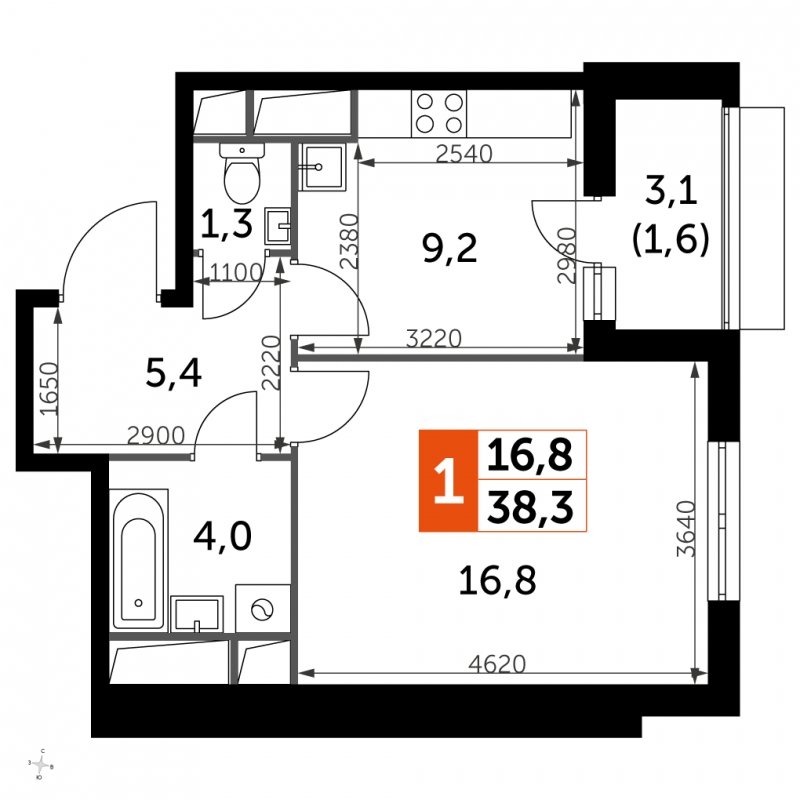 1-комнатная квартира с частичной отделкой, 38.3 м2, 2 этаж, сдача 3 квартал 2023 г., ЖК UP-квартал Римский, корпус 7 - объявление 1695769 - фото №1