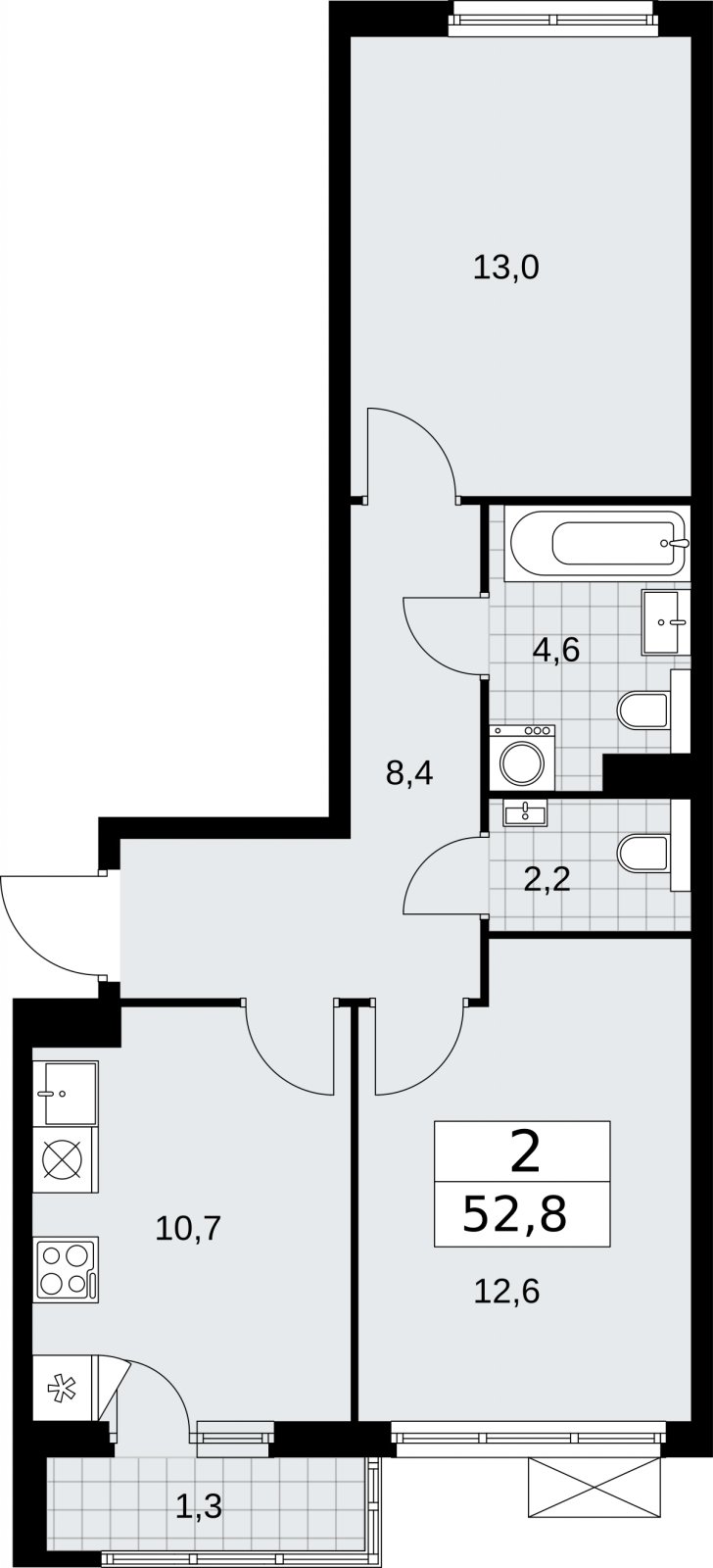 2-комнатная квартира без отделки, 52.8 м2, 3 этаж, сдача 2 квартал 2026 г., ЖК Бунинские кварталы, корпус 7.3 - объявление 2313759 - фото №1