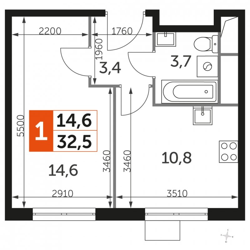 1-комнатная квартира с частичной отделкой, 32.5 м2, 11 этаж, сдача 3 квартал 2023 г., ЖК UP-квартал Римский, корпус 7 - объявление 1849982 - фото №1