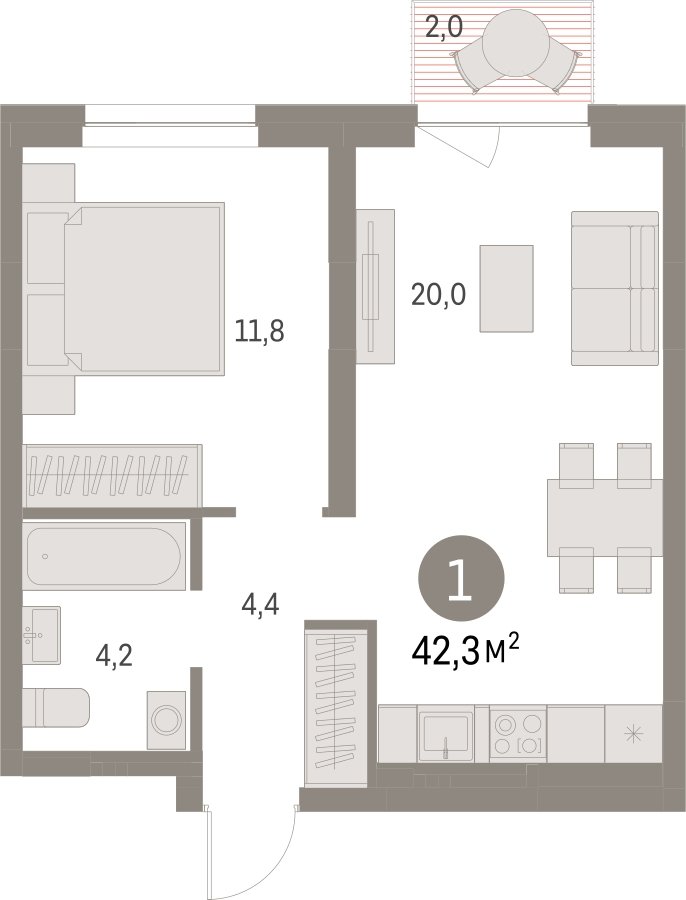 1-комнатная квартира с частичной отделкой, 42.31 м2, 3 этаж, сдача 1 квартал 2025 г., ЖК Первый квартал, корпус Дом 5 - объявление 2281394 - фото №1