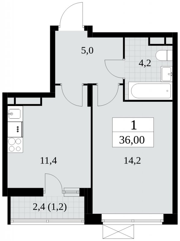 1-комнатная квартира без отделки, 36 м2, 9 этаж, сдача 2 квартал 2024 г., ЖК Прокшино, корпус 6.2 - объявление 1662789 - фото №1