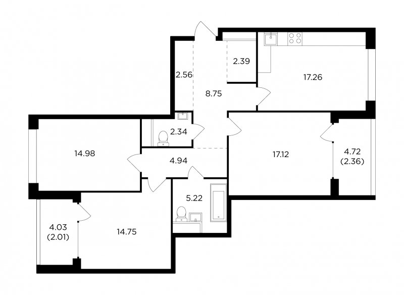 3-комнатная квартира без отделки, 94.68 м2, 14 этаж, дом сдан, ЖК RiverSky, корпус 2 - объявление 1747976 - фото №1
