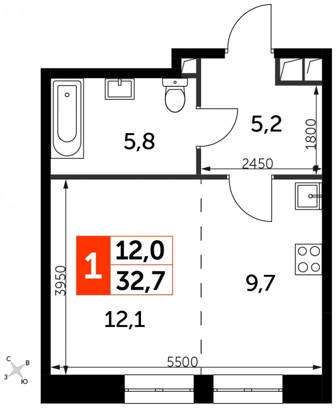 Студия с частичной отделкой, 32.7 м2, 14 этаж, сдача 3 квартал 2024 г., ЖК Sydney City, корпус 2.1 - объявление 1710095 - фото №1