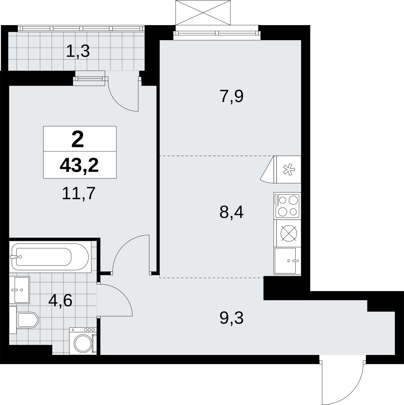 2-комнатная квартира (евро) без отделки, 43.2 м2, 3 этаж, сдача 1 квартал 2026 г., ЖК Дзен-кварталы, корпус 6.2.1 - объявление 2328350 - фото №1