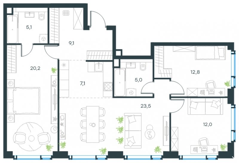 4-комнатная квартира (евро) без отделки, 94.8 м2, 37 этаж, сдача 2 квартал 2025 г., ЖК Level Мичуринский, корпус 2 - объявление 1775245 - фото №1