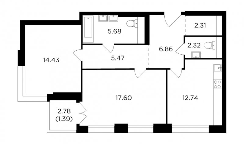 2-комнатная квартира без отделки, 68.8 м2, 25 этаж, дом сдан, ЖК RiverSky, корпус 7 - объявление 1670831 - фото №1
