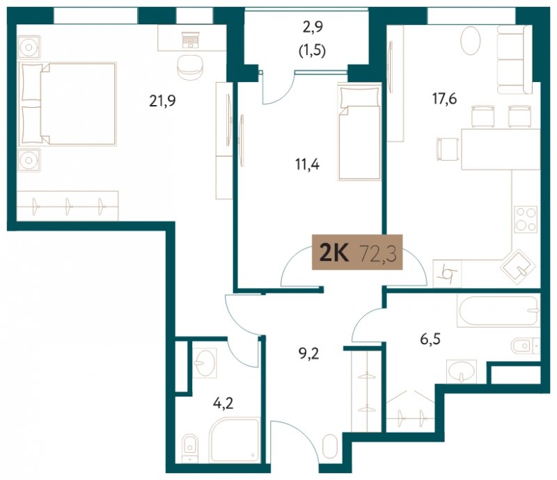 2-комнатная квартира 72.3 м2, 7 этаж, сдача 4 квартал 2022 г., ЖК Настоящее, корпус 1 - объявление 1711396 - фото №1
