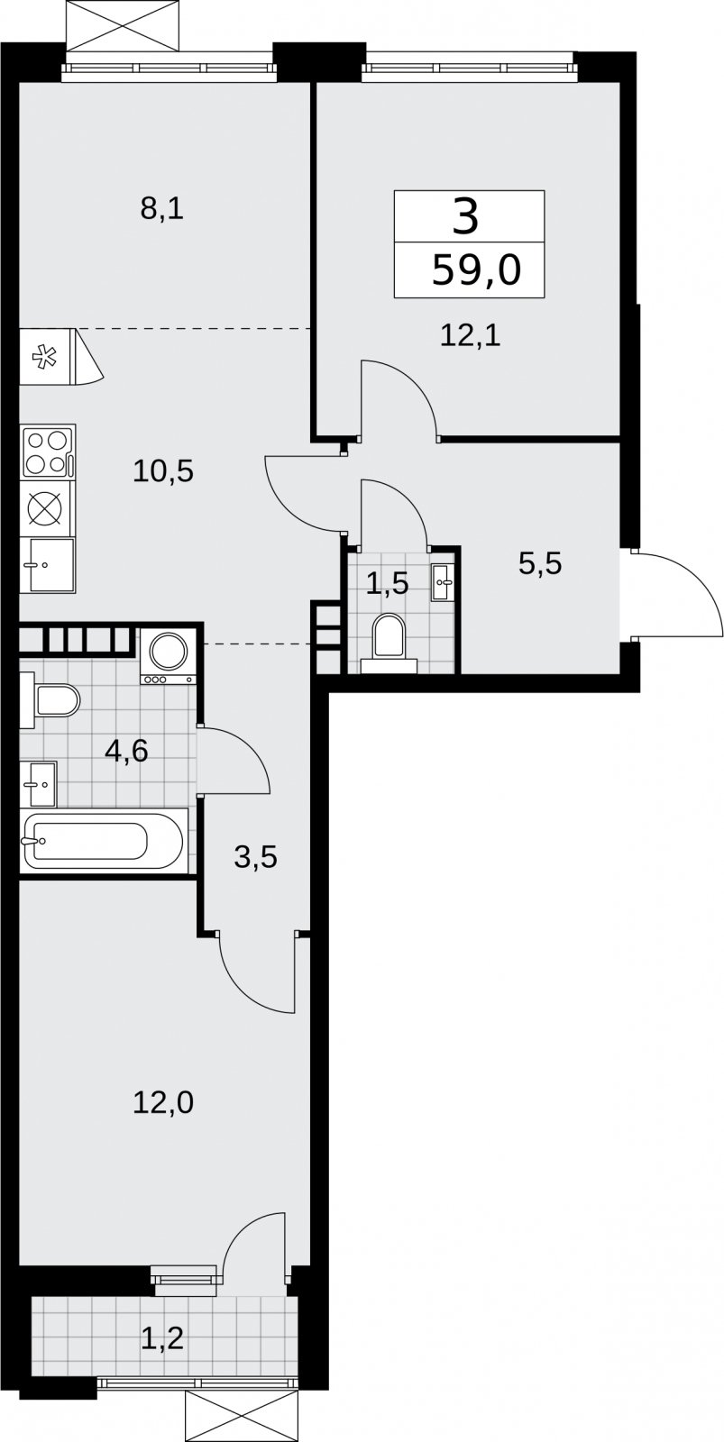 3-комнатная квартира (евро) с частичной отделкой, 59 м2, 4 этаж, сдача 2 квартал 2026 г., ЖК Бунинские кварталы, корпус 5.1 - объявление 2297116 - фото №1