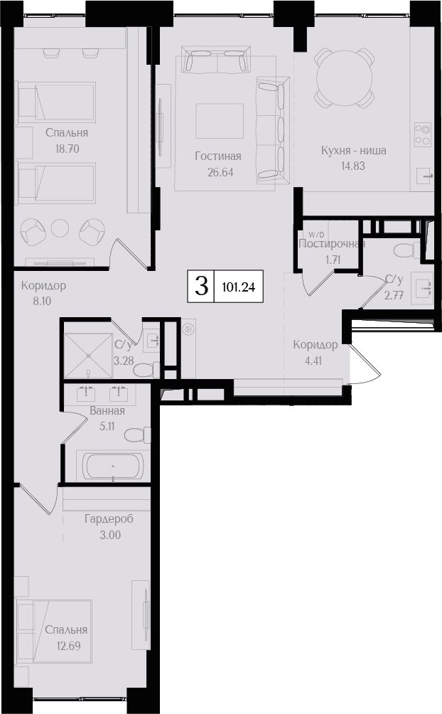 3-комнатная квартира (евро) без отделки, 101.24 м2, 5 этаж, дом сдан, ЖК Преображенская площадь, корпус 2 - объявление 2424368 - фото №1