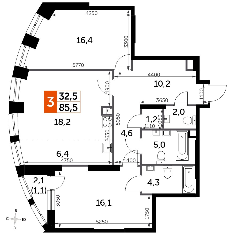 2-комнатная квартира с частичной отделкой, 85.5 м2, 11 этаж, сдача 3 квартал 2024 г., ЖК Sydney City, корпус 2.2 - объявление 2334834 - фото №1