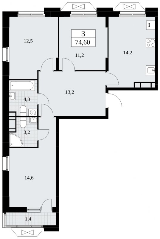3-комнатная квартира без отделки, 74.6 м2, 12 этаж, сдача 4 квартал 2024 г., ЖК Бунинские кварталы, корпус 1.3 - объявление 1834615 - фото №1