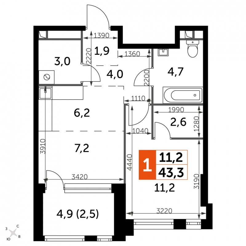 1-комнатная квартира с частичной отделкой, 43.3 м2, 2 этаж, сдача 4 квартал 2024 г., ЖК ROTTERDAM, корпус 2.1 - объявление 1940781 - фото №1