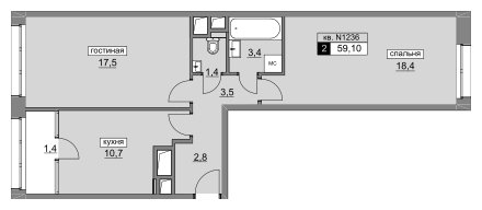 2-комнатная квартира без отделки, 59.1 м2, 6 этаж, сдача 4 квартал 2022 г., ЖК Румянцево-Парк, корпус 3 - объявление 1187359 - фото №1