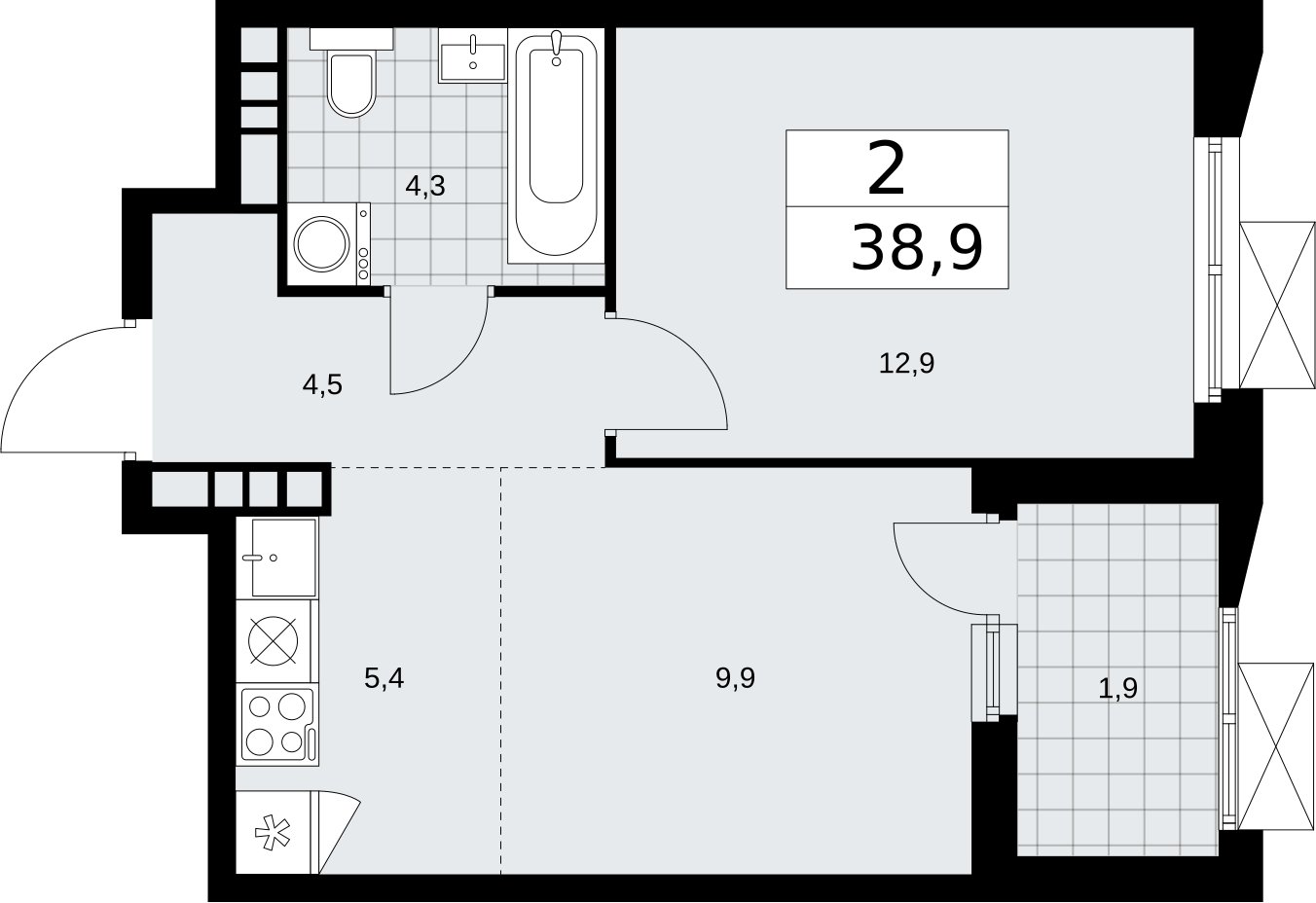 2-комнатная квартира (евро) без отделки, 38.9 м2, 17 этаж, сдача 2 квартал 2026 г., ЖК Бунинские кварталы, корпус 5.2 - объявление 2297444 - фото №1