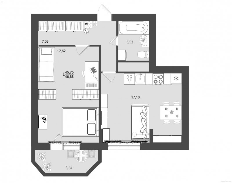 1-комнатная квартира без отделки, 46.88 м2, 2 этаж, дом сдан, ЖК Олимп, корпус 22 - объявление 1303513 - фото №1