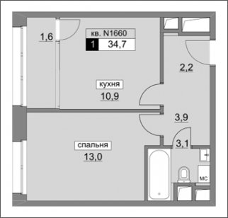 1-комнатная квартира без отделки, 34.7 м2, 9 этаж, сдача 4 квартал 2022 г., ЖК Румянцево-Парк, корпус 3 - объявление 1747168 - фото №1