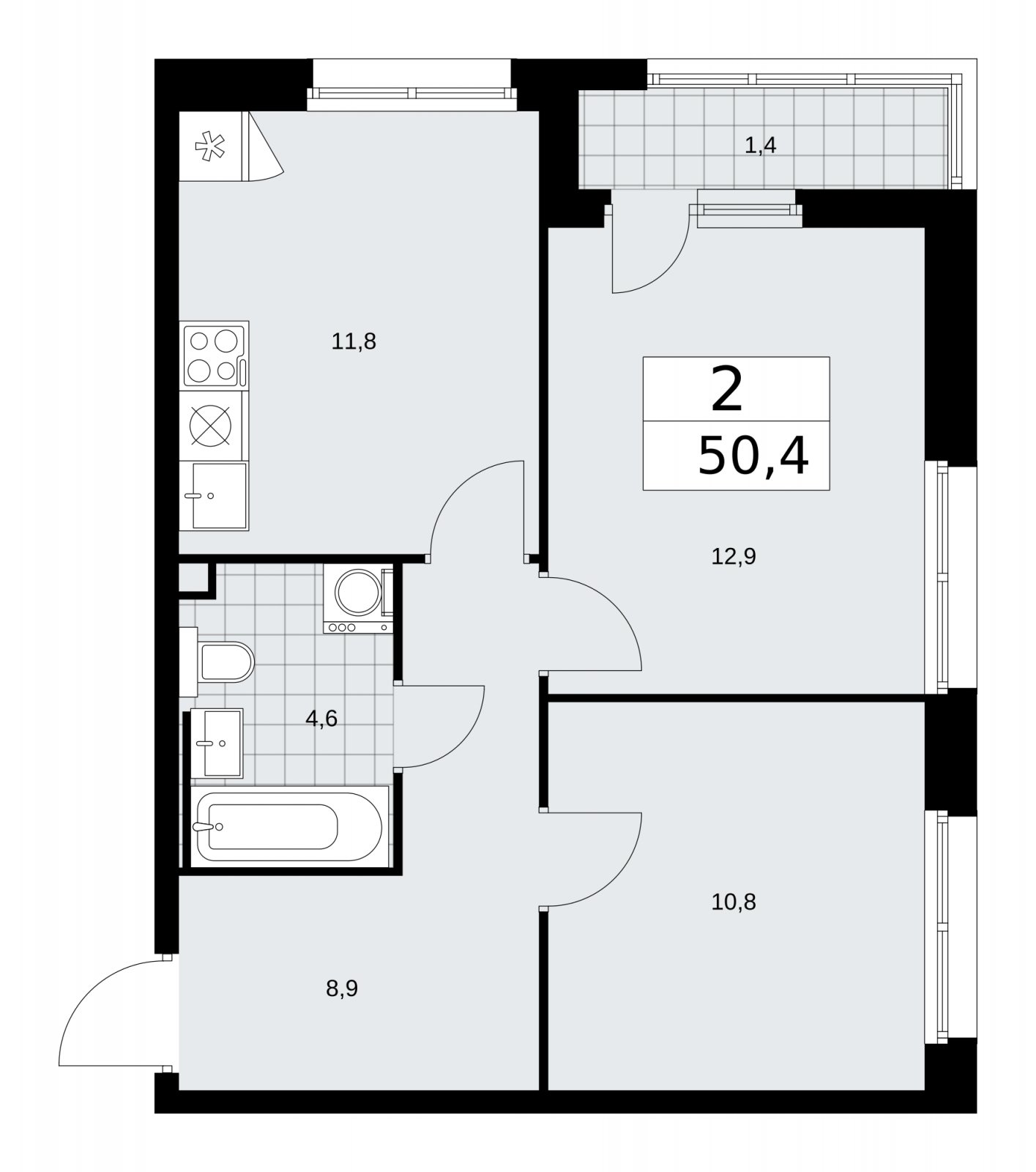 2-комнатная квартира без отделки, 50.4 м2, 2 этаж, сдача 2 квартал 2026 г., ЖК Скандинавия, корпус 25.4 - объявление 2284177 - фото №1