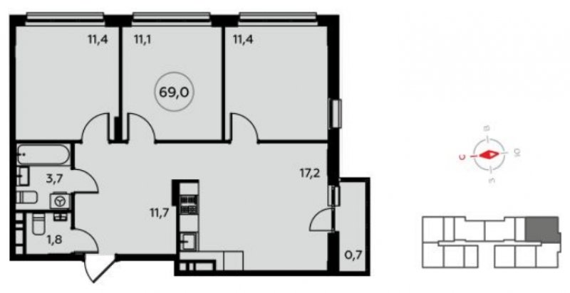 3-комнатная квартира без отделки, 69 м2, 9 этаж, сдача 4 квартал 2022 г., ЖК Белые ночи, корпус 3.2 - объявление 1409129 - фото №1