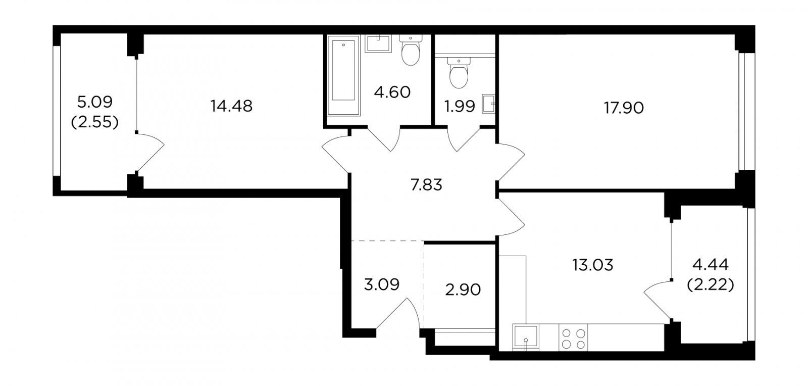 2-комнатная квартира без отделки, 70.59 м2, 21 этаж, дом сдан, ЖК RiverSky, корпус 6 - объявление 2259473 - фото №1