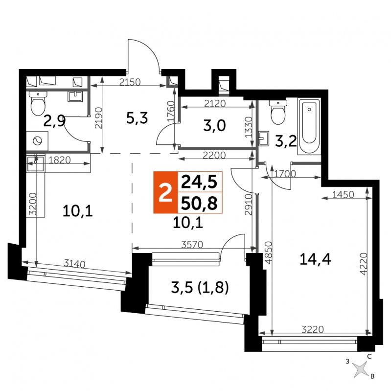 2-комнатная квартира с частичной отделкой, 50.8 м2, 3 этаж, сдача 4 квартал 2024 г., ЖК ROTTERDAM, корпус 2.1 - объявление 1686947 - фото №1