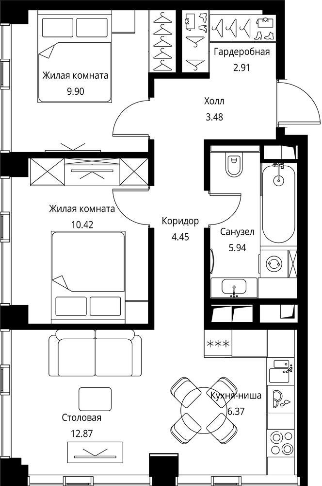 2-комнатная квартира с частичной отделкой, 56.34 м2, 24 этаж, сдача 3 квартал 2026 г., ЖК City Bay, корпус North Ocean 1 - объявление 2332333 - фото №1