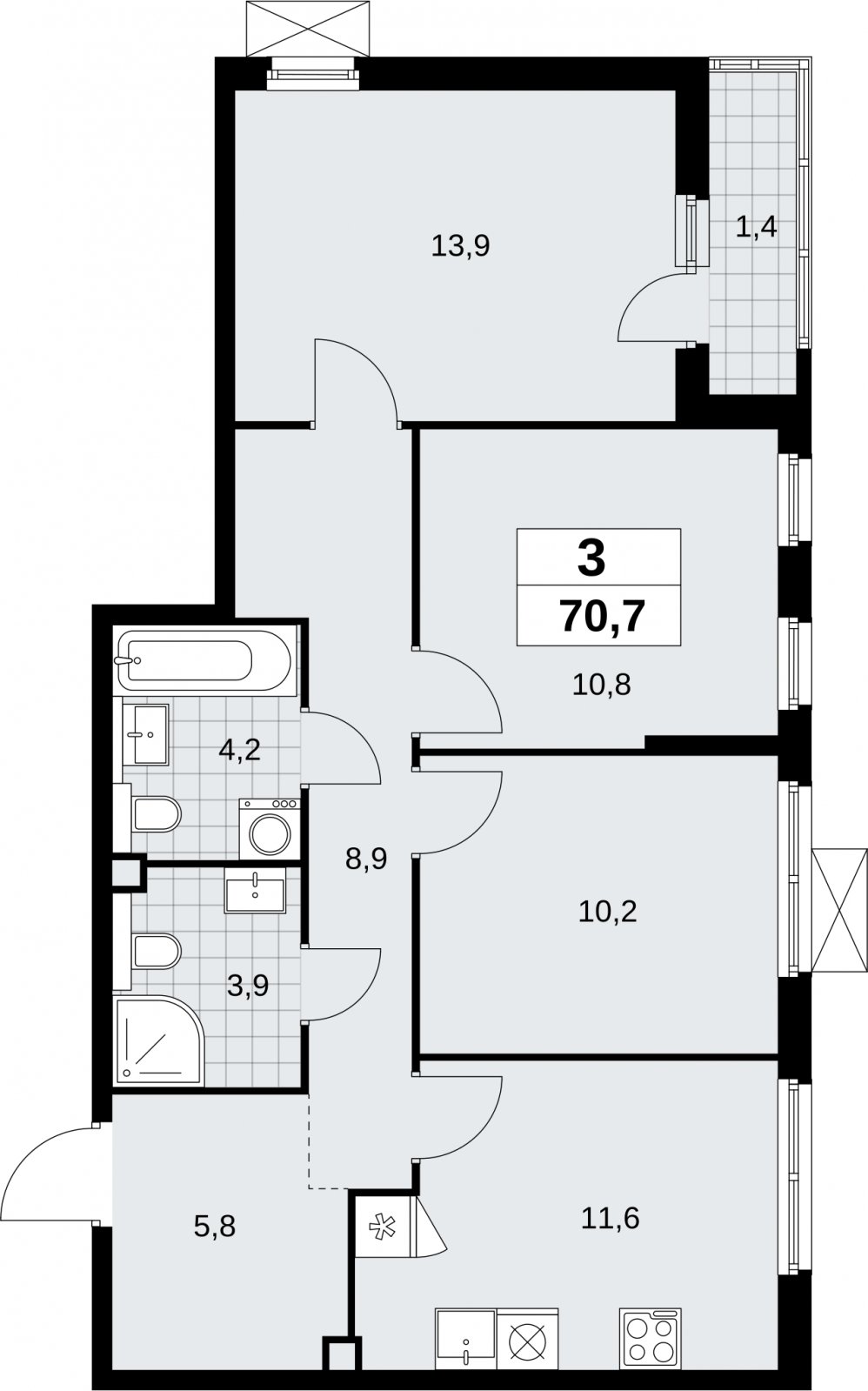 3-комнатная квартира без отделки, 70.7 м2, 2 этаж, сдача 2 квартал 2026 г., ЖК Бунинские кварталы, корпус 9.1 - объявление 2323889 - фото №1