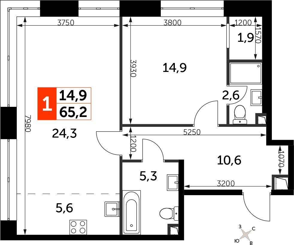 1-комнатная квартира с полной отделкой, 65.2 м2, 5 этаж, сдача 3 квартал 2024 г., ЖК Sydney City, корпус 2.1 - объявление 2207298 - фото №1