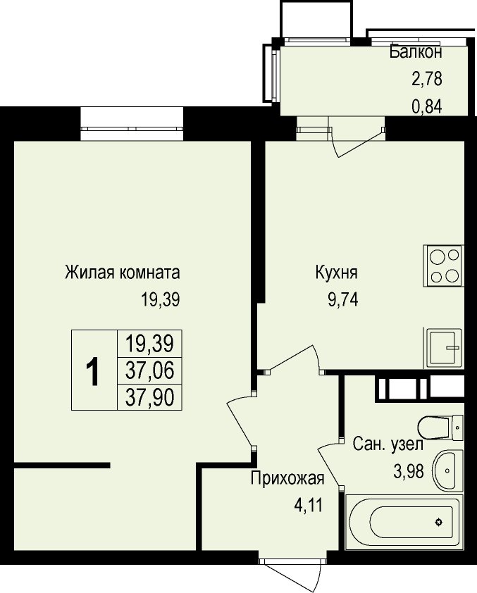1-комнатная квартира без отделки, 38.2 м2, 2 этаж, дом сдан, ЖК Новая Щербинка, корпус 13 - объявление 2095520 - фото №1
