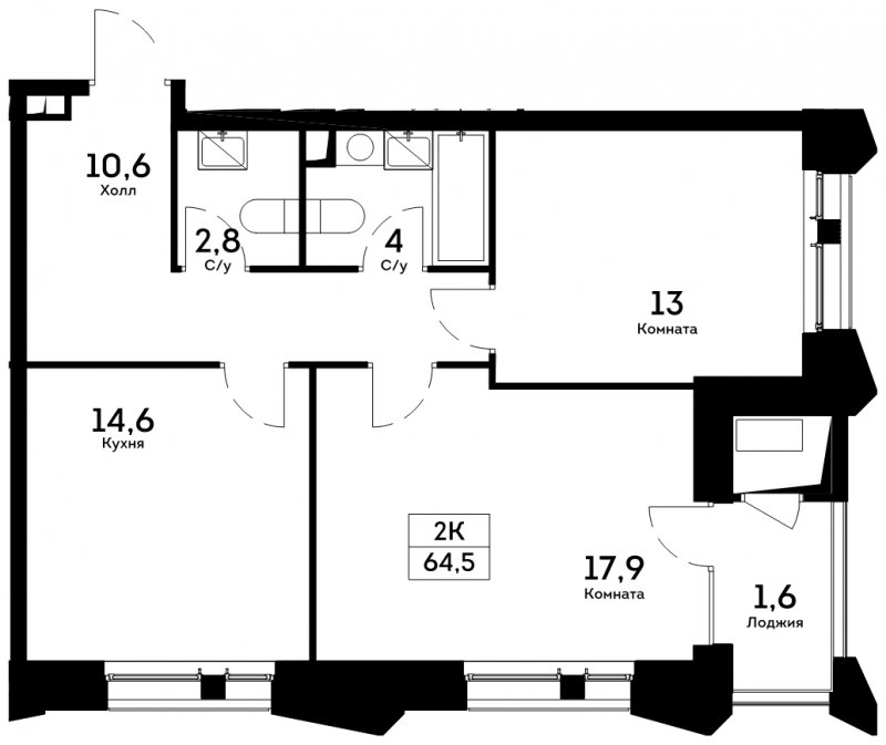 2-комнатная квартира 64.5 м2, 15 этаж, сдача 4 квартал 2022 г., ЖК Квартал на набережной NOW, корпус 2.2 - объявление 1753386 - фото №1