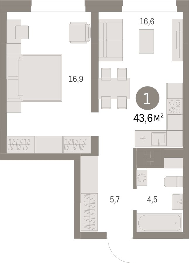 1-комнатная квартира с частичной отделкой, 43.61 м2, 4 этаж, сдача 1 квартал 2025 г., ЖК Первый квартал, корпус Дом 5 - объявление 2281421 - фото №1