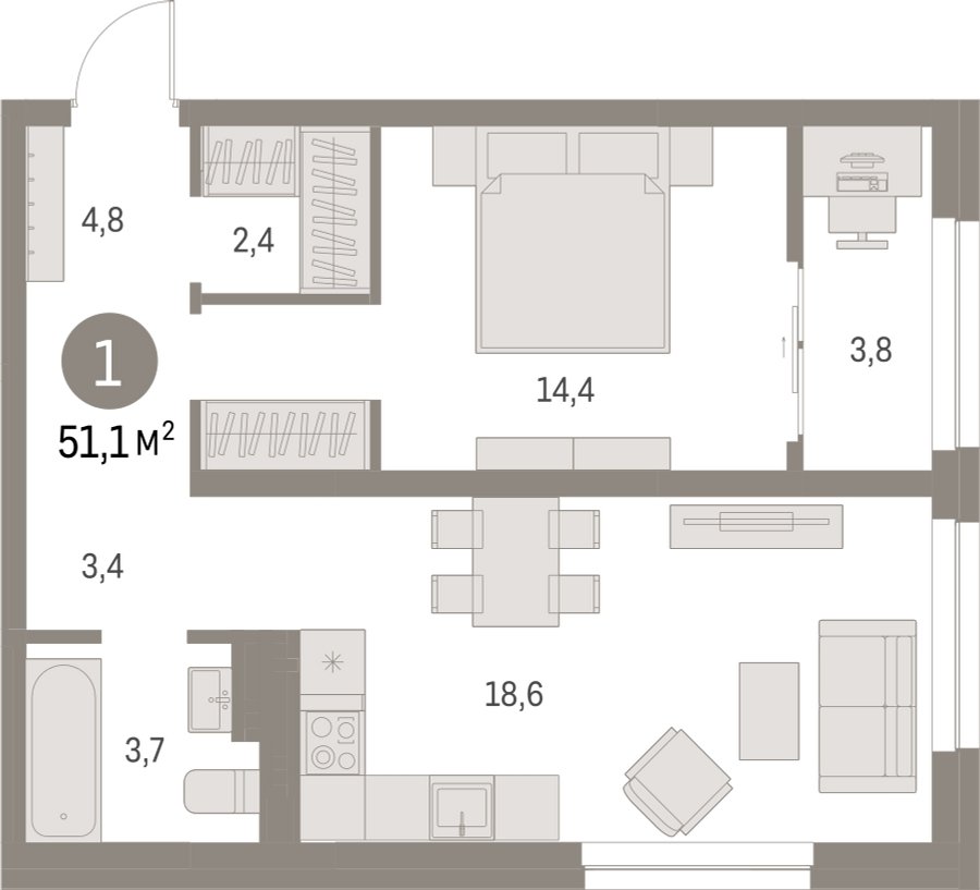 1-комнатная квартира с частичной отделкой, 51.1 м2, 10 этаж, сдача 1 квартал 2025 г., ЖК Первый квартал, корпус Дом 5 - объявление 2281539 - фото №1