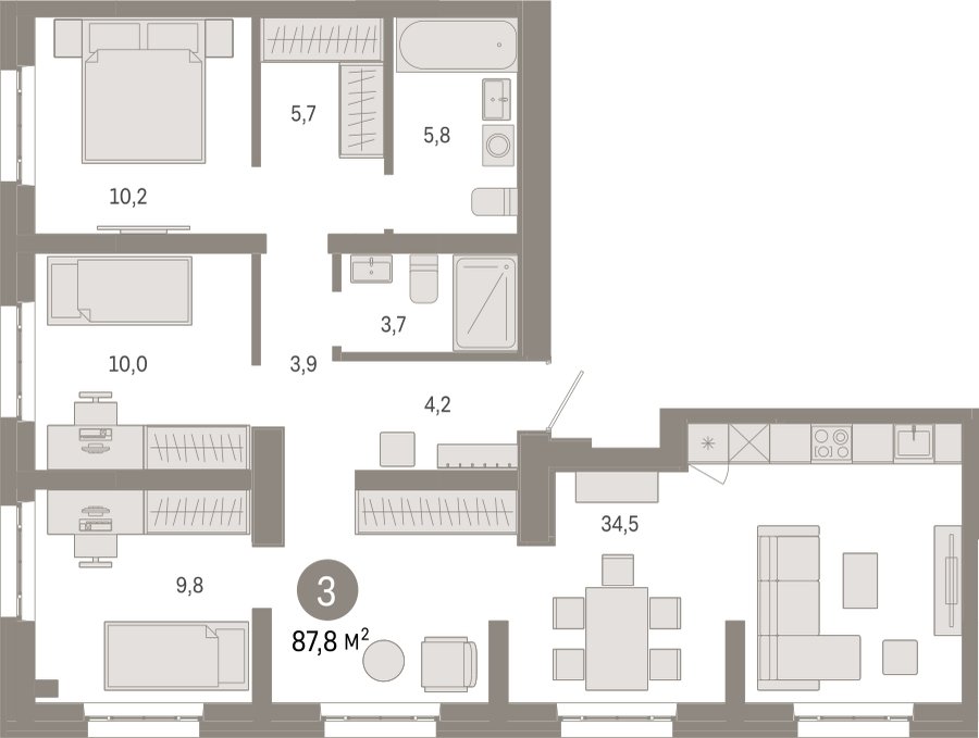 3-комнатная квартира 87.8 м2, 15 этаж, сдача 3 квартал 2026 г., ЖК Квартал Метроном, корпус 1 - объявление 2310733 - фото №1