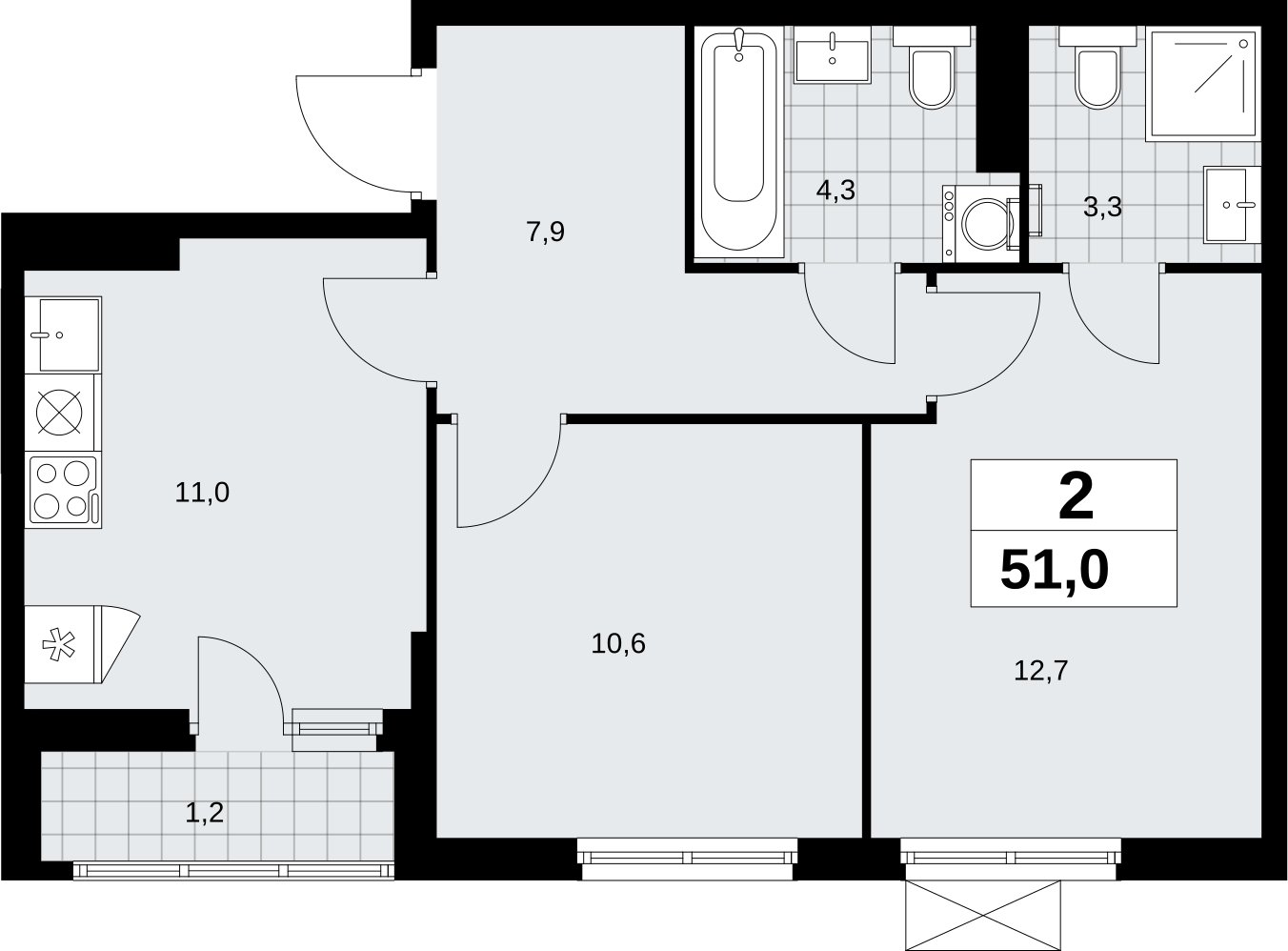 2-комнатная квартира без отделки, 51 м2, 10 этаж, сдача 2 квартал 2026 г., ЖК Дзен-кварталы, корпус 6.1.1 - объявление 2327121 - фото №1
