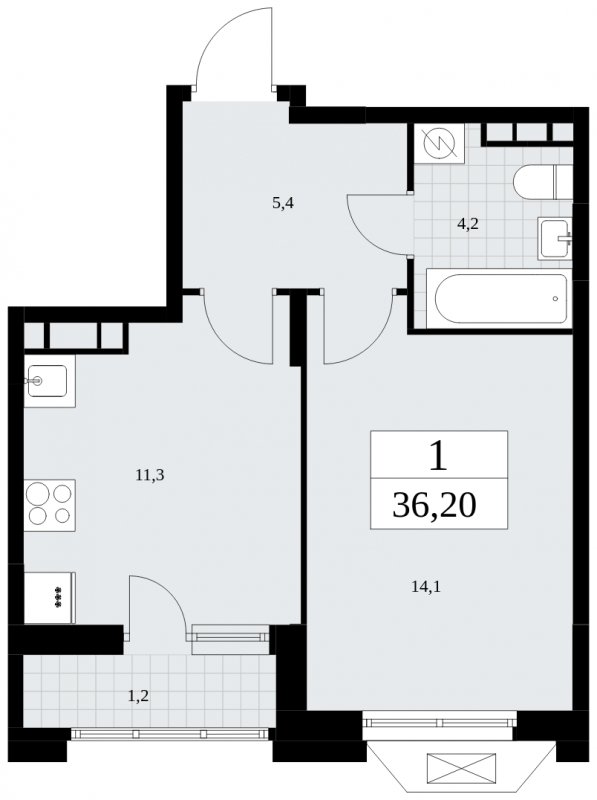 1-комнатная квартира без отделки, 36.2 м2, 9 этаж, сдача 4 квартал 2024 г., ЖК Бунинские кварталы, корпус 1.3 - объявление 1834597 - фото №1