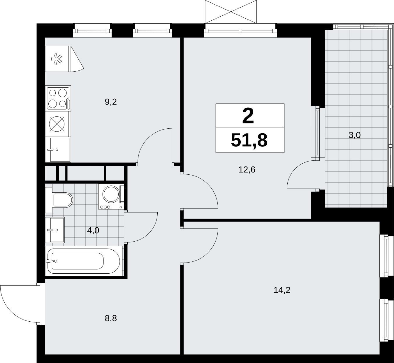 2-комнатная квартира без отделки, 51.8 м2, 11 этаж, сдача 4 квартал 2026 г., ЖК Скандинавия, корпус 2.18.1.4 - объявление 2351013 - фото №1