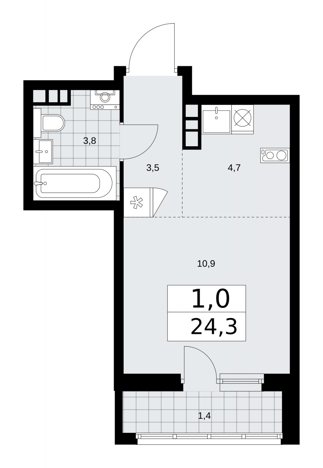 Студия с частичной отделкой, 24.3 м2, 4 этаж, сдача 2 квартал 2026 г., ЖК Дзен-кварталы, корпус 3.4 - объявление 2242127 - фото №1