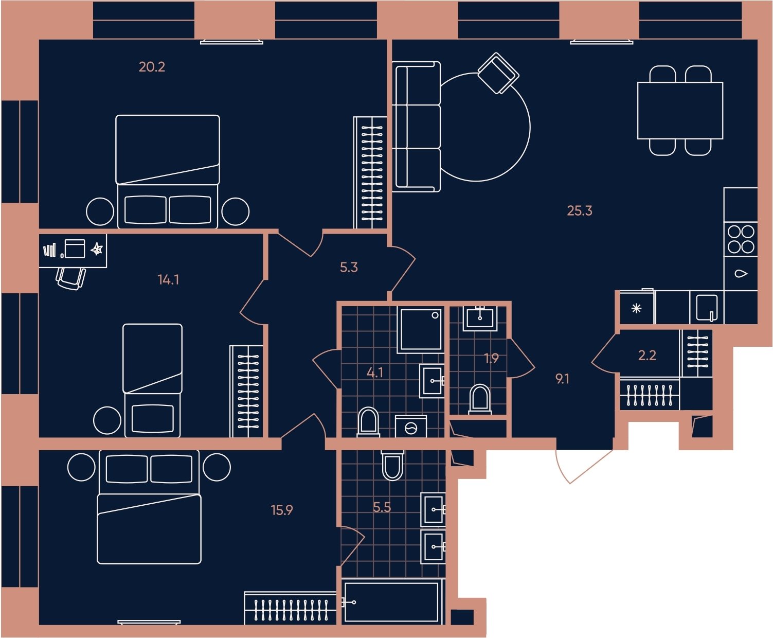 4-комнатная квартира (евро) без отделки, 103.6 м2, 13 этаж, сдача 3 квартал 2026 г., ЖК ERA, корпус 3 - объявление 2287407 - фото №1