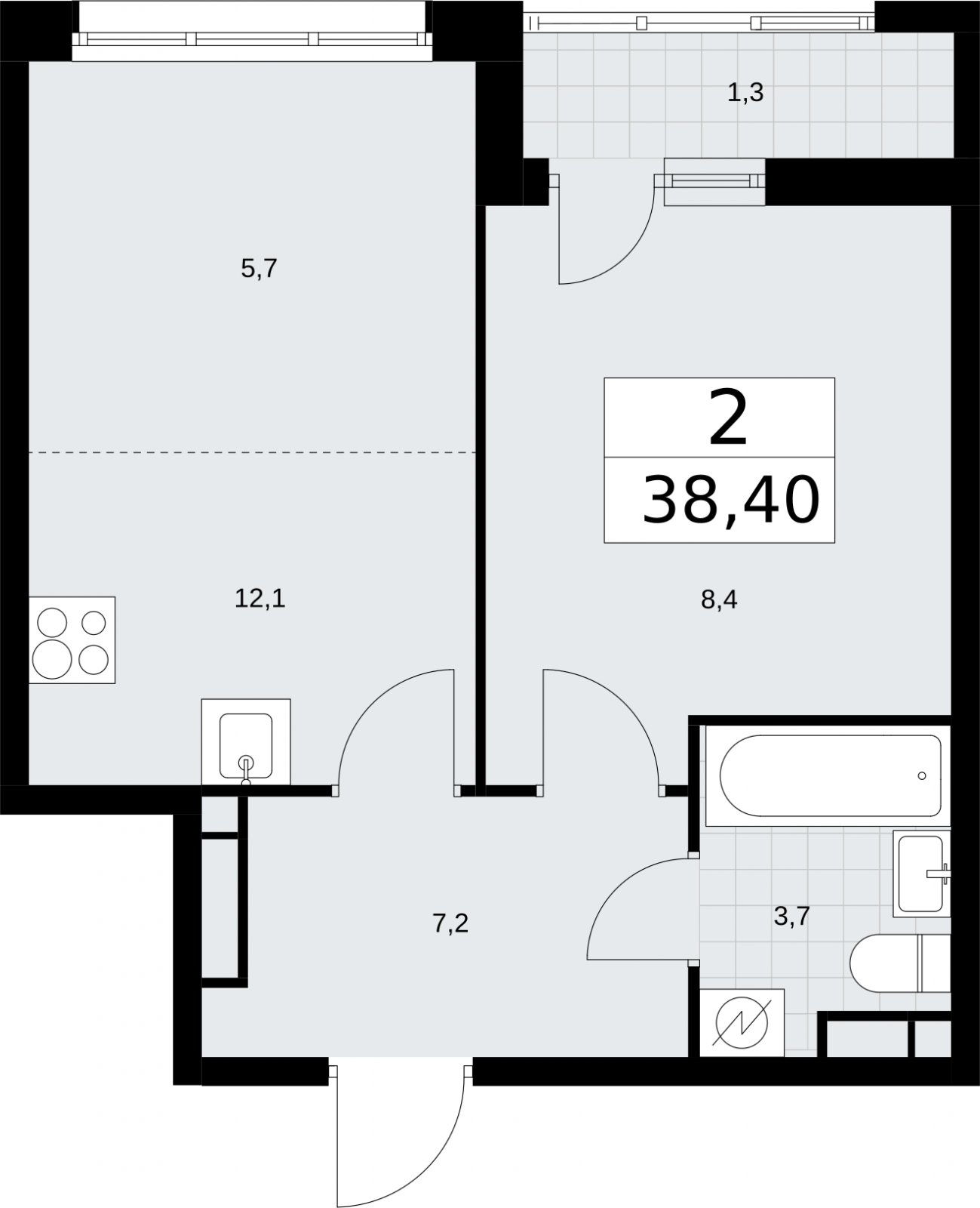 2-комнатная квартира (евро) с полной отделкой, 38.4 м2, 4 этаж, сдача 4 квартал 2026 г., ЖК Родные кварталы, корпус 1.2 - объявление 2317813 - фото №1