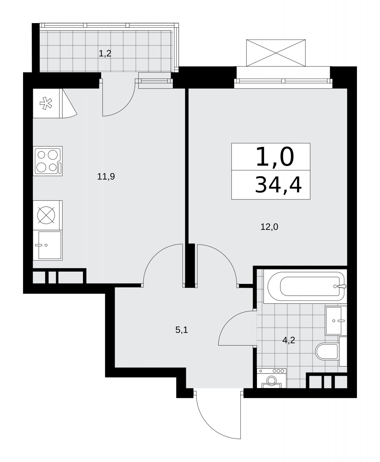 1-комнатная квартира без отделки, 34.4 м2, 12 этаж, сдача 1 квартал 2026 г., ЖК Прокшино, корпус 10.1.2 - объявление 2227149 - фото №1