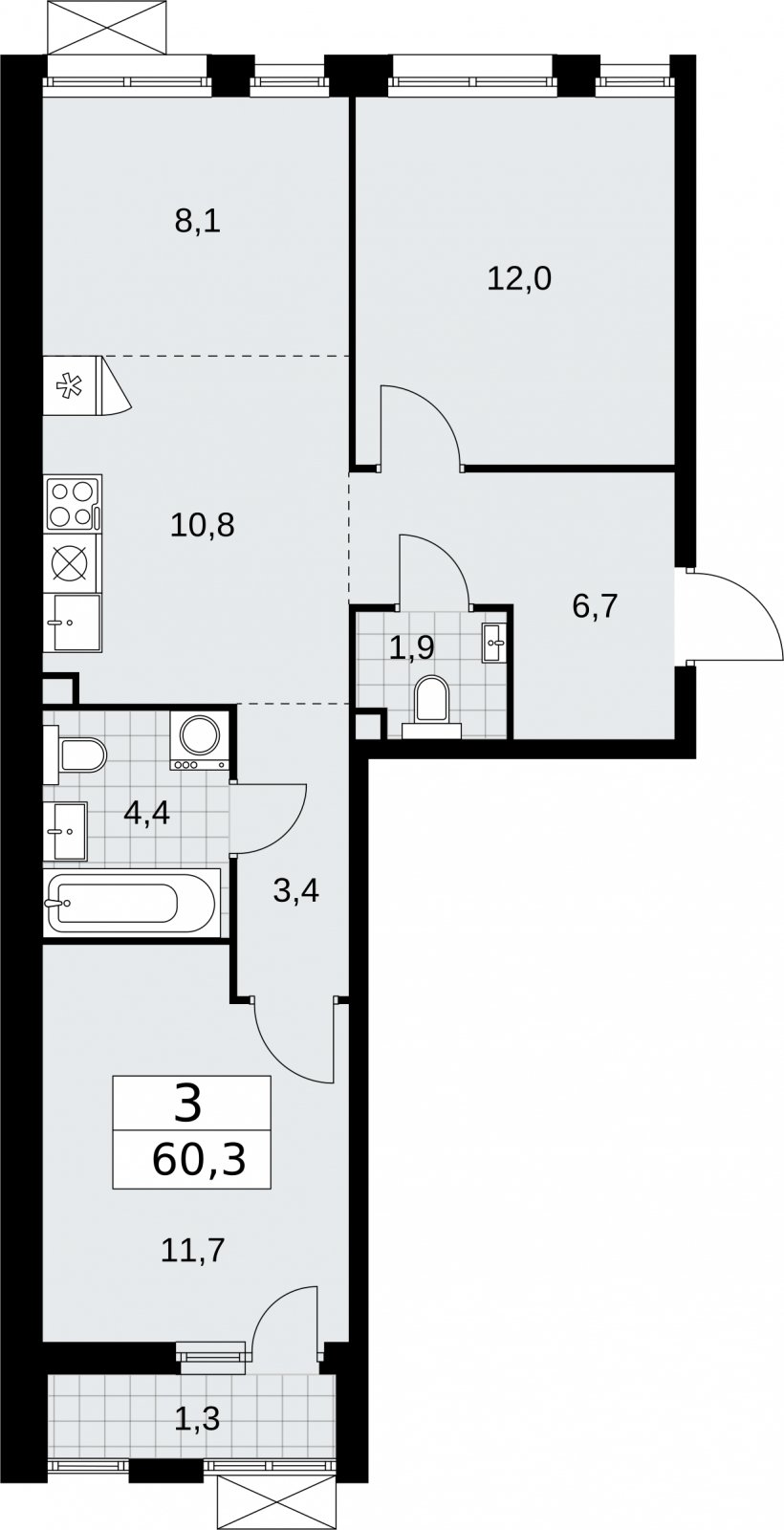 3-комнатная квартира (евро) без отделки, 60.3 м2, 2 этаж, сдача 2 квартал 2026 г., ЖК Бунинские кварталы, корпус 5.4 - объявление 2297862 - фото №1