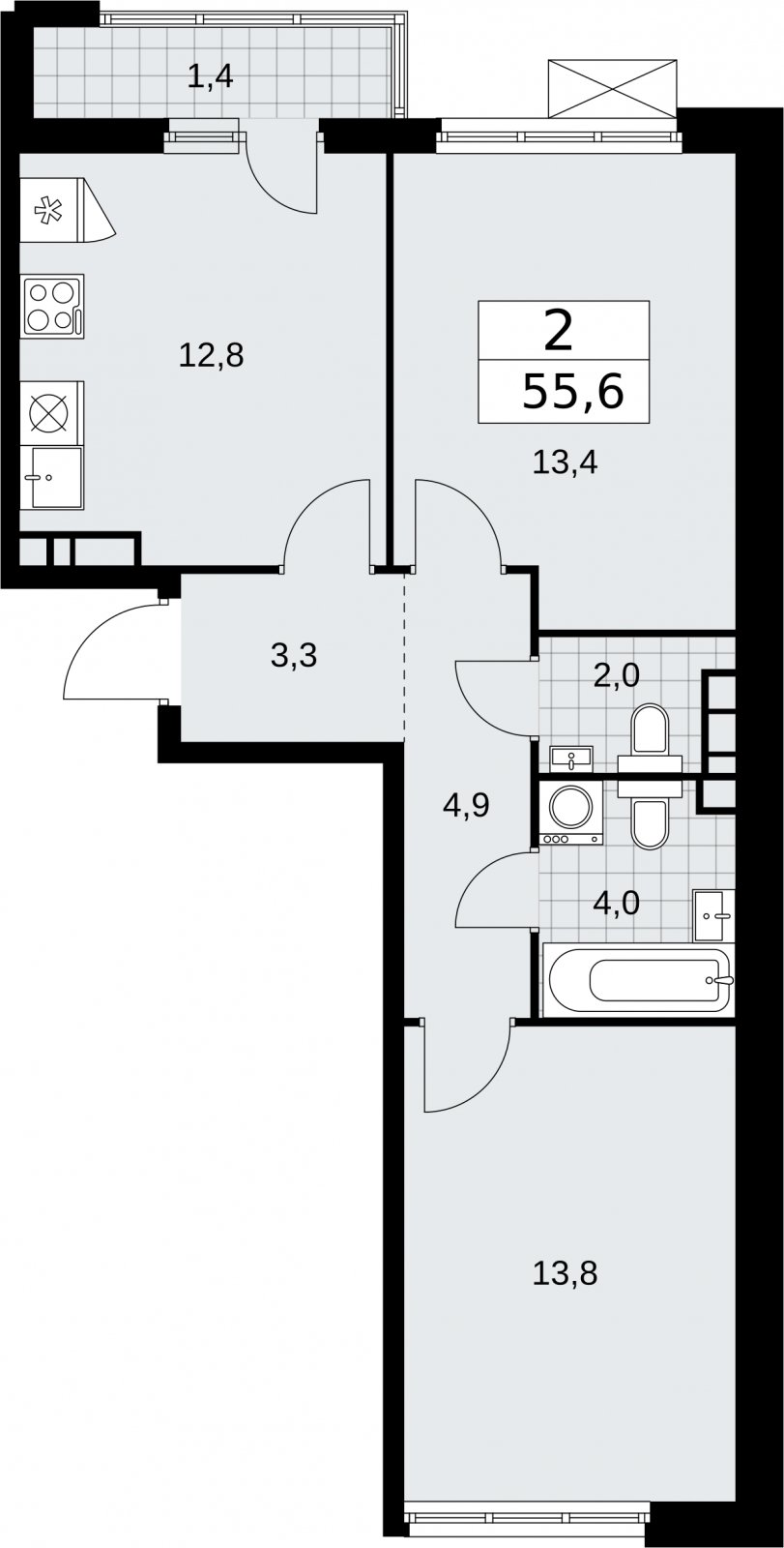 2-комнатная квартира с частичной отделкой, 55.6 м2, 7 этаж, сдача 2 квартал 2026 г., ЖК Бунинские кварталы, корпус 5.1 - объявление 2297258 - фото №1